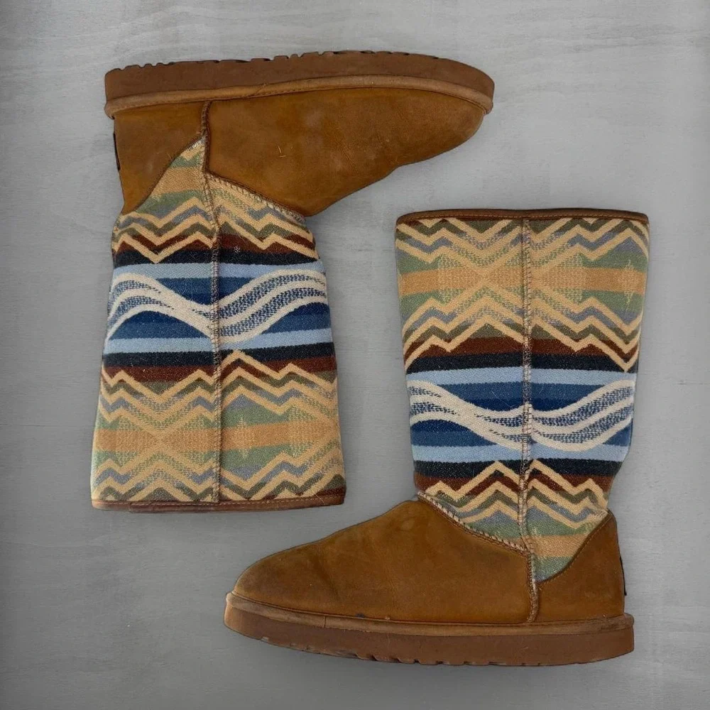 UGG Pendleton Tall Boots Chestnut Brown Geometric Wool Suede 1010225 Size 11